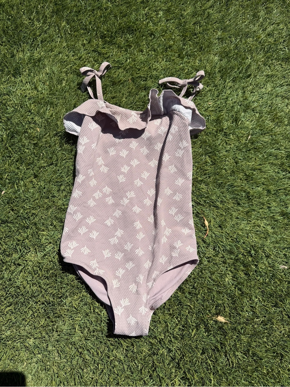H&M Girls One-Piece Swimsuit Size 6-7 US Textured Purple Floral Ruffle Tie Strap